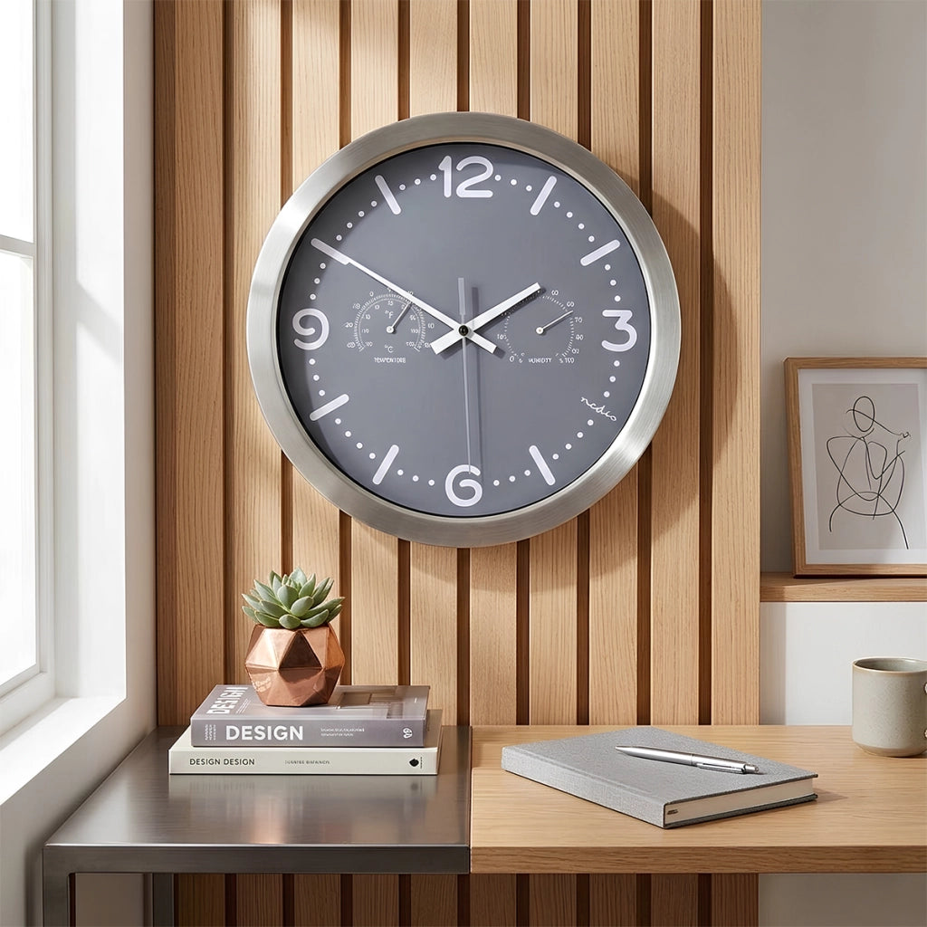 Orologio da Parete Analogico 30cmx30cm Silenzioso con Termometro e Igrometro Grigio Nedis