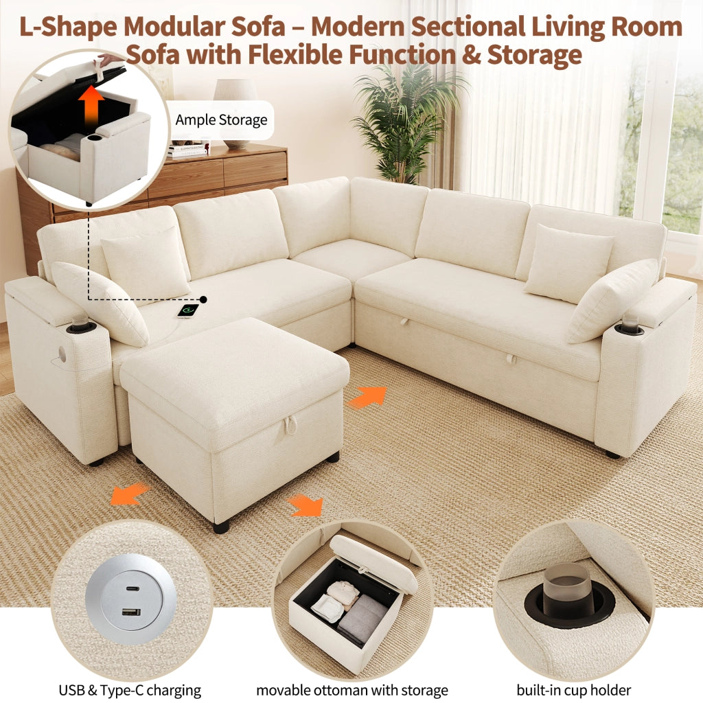 Divano angolare convertibile con pouf contenitore USB Type-C portabicchieri e vani bracciolo in chenille beige