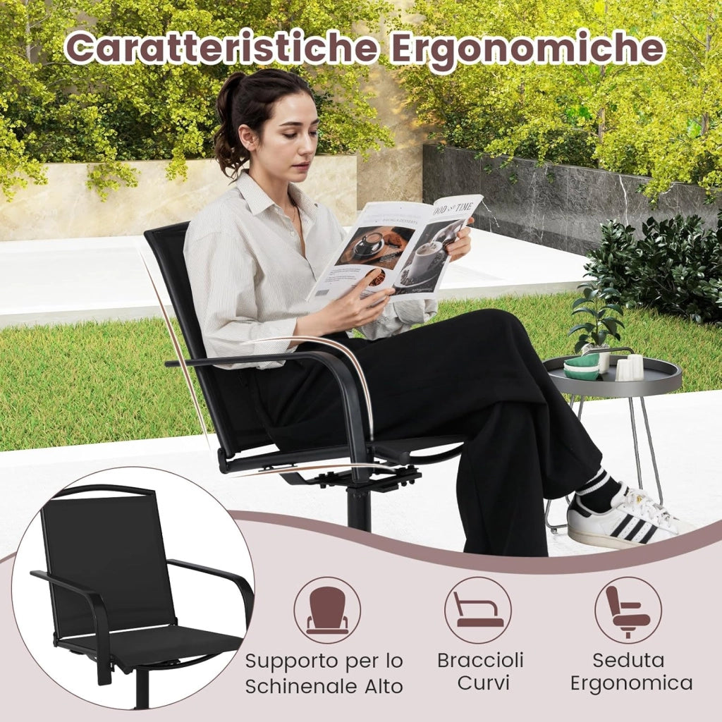 Set di 2 Sedie da Patio Girevoli, Poltrone a Dondolo in Rete a 360° con Schienale Alto e Base Rotonda in Metallo, Sedia a Dondolo Robuste per Giardino Balcone, Portata 150 kg (Nero)