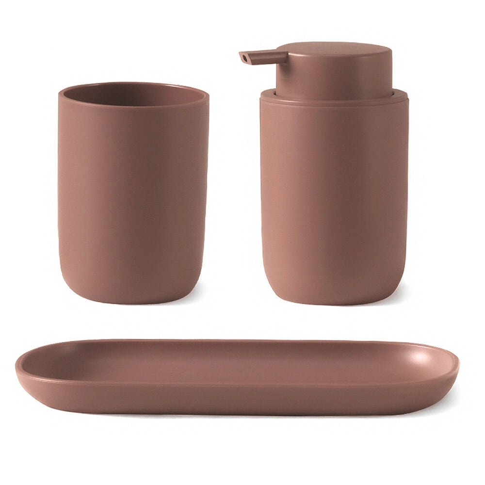Set accessori bagno 3 pz con dispenser portaspazzolino e vassoio mocha - Taki
