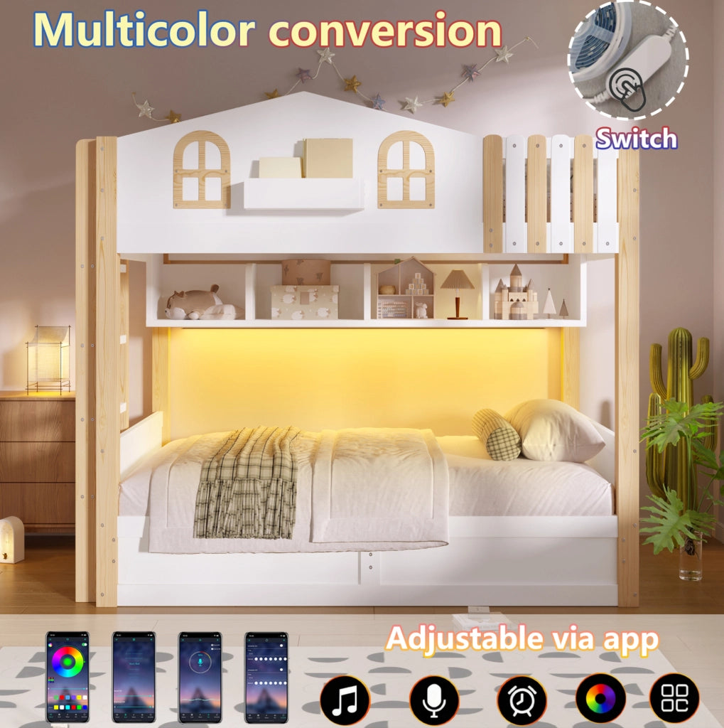 Letto a castello 90x200 cm a casetta con contenitore idraulico; LED; bianco e rovere