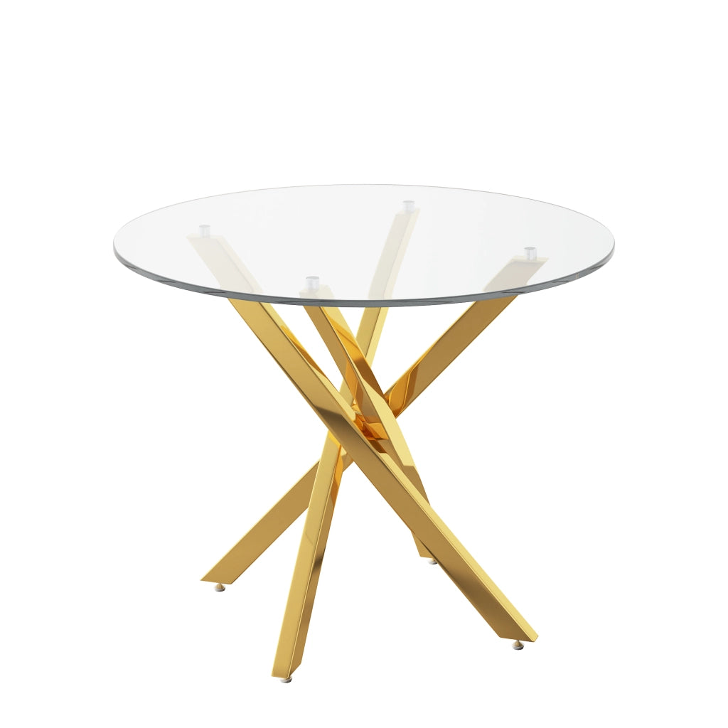 Tavolo rotondo in vetro temperato 80 cm, struttura color oro, design moderno con base a croce