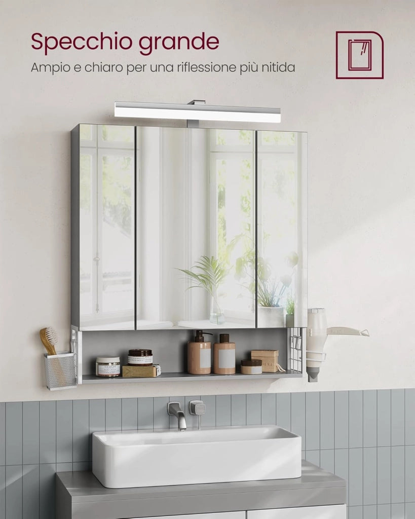 VASAGLE Mobile da Bagno con Illuminazione a LED, 16,5 x 70 x 75 cm, Multipresa Cestino Appeso Supporto per Asciugacapelli per Bagno Lavabo, Bianco Nuvola e Grigio Tortora BBK126G01