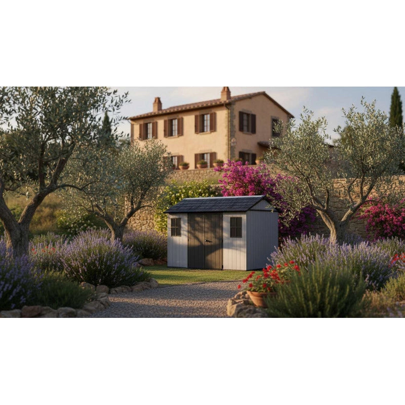 Casetta da giardino in resina EVOTECH+ 350x230 cm - con pavimento e doppia porta - carico neve 150 kg/m² – Newton Plus 7511/1175 - Grigio - Keter