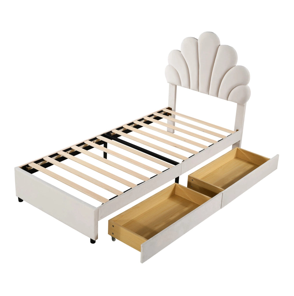 Letto imbottito 90x200 cm con 2 cassetti; velluto beige (Senza materasso)