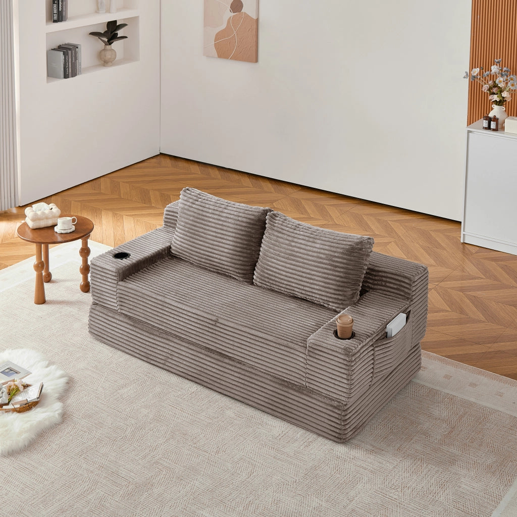 Divano letto 2 in 1 in velluto a coste marrone con portabevande laterali