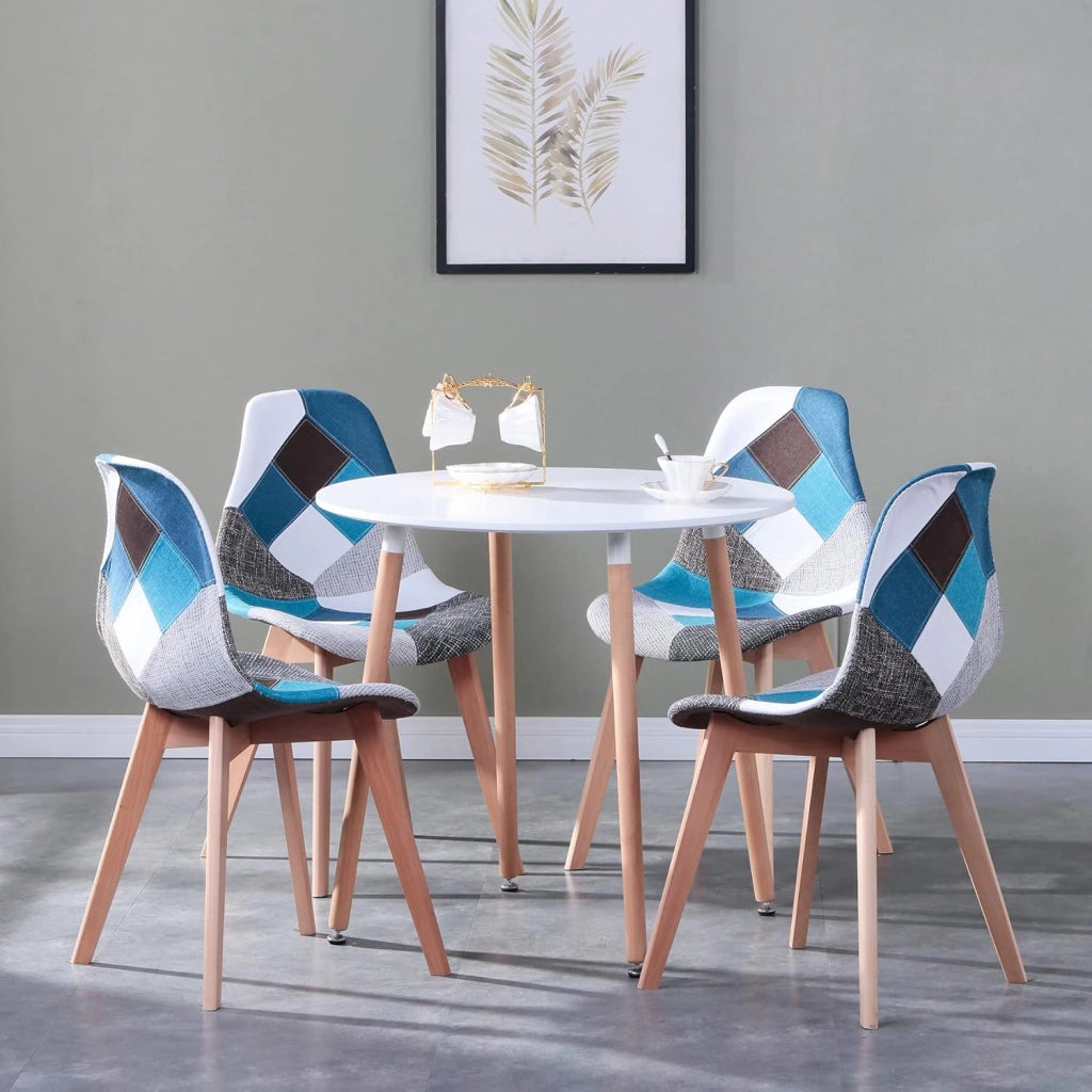 GrandCA HOME Tavolo da pranzo e 4 Sedie da Pranzo Set da Pranzo Moderno, Tavoli Rotonda Bianchi e Cuscino di Seduta in Tessuto Patchwork Sedie da Cucina, Blu