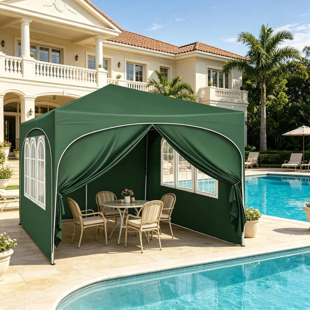 Gazebo da Giardino Pieghevole 3x3 m Verde con Pareti Laterali, Struttura in Metallo e Tessuto Oxford 210D