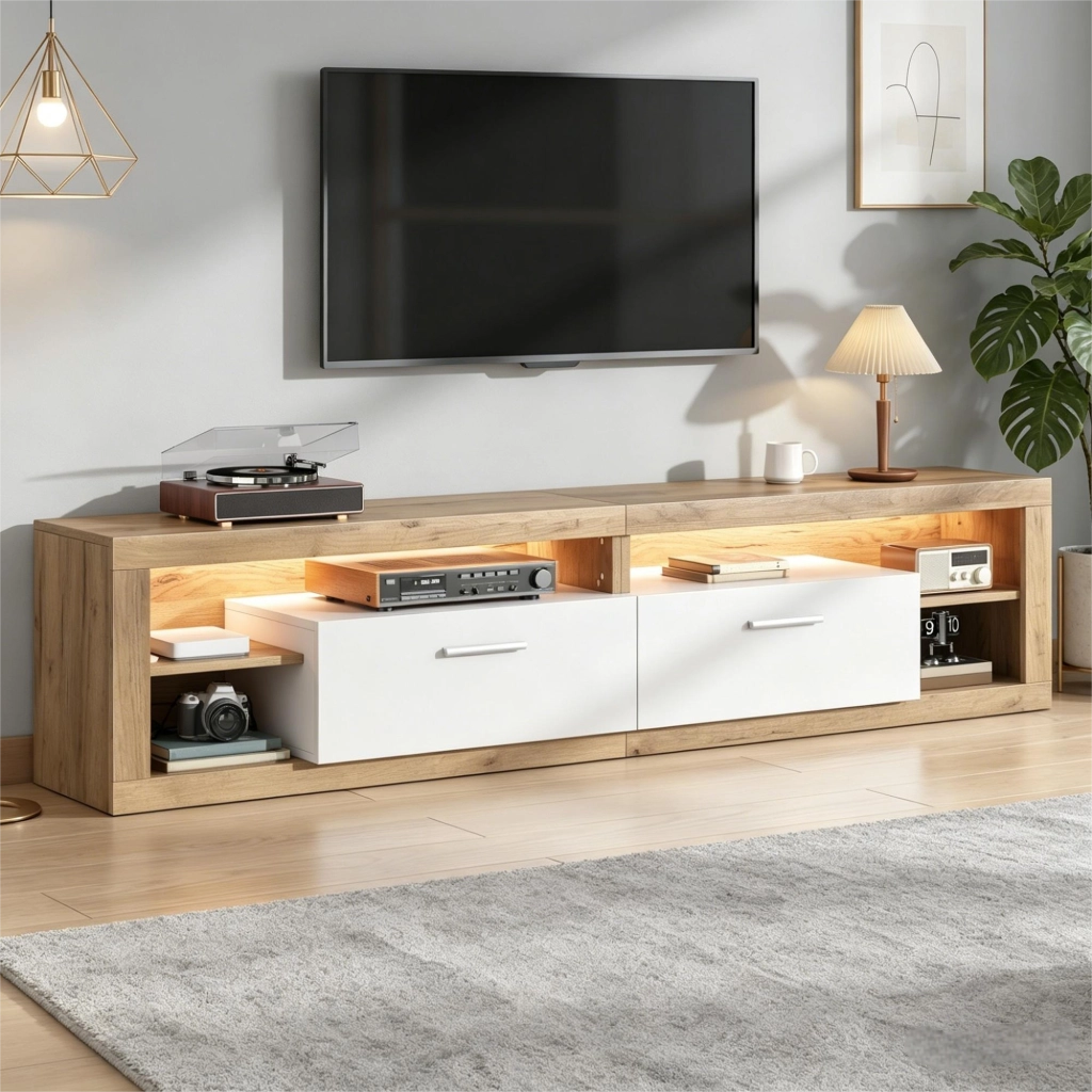 TV-Schrank 180x35,5x50 cm con LED controllati da app, 2 cassetti, 4 vani aperti, portata 30 kg, colore naturale e bianco