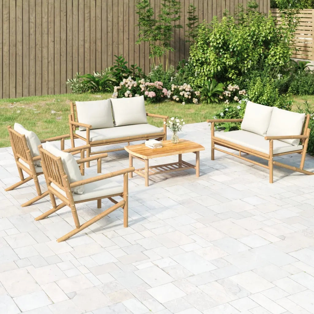 Set Salotto da Giardino 5pz con Cuscini Bianco Crema in Bambù 3156475