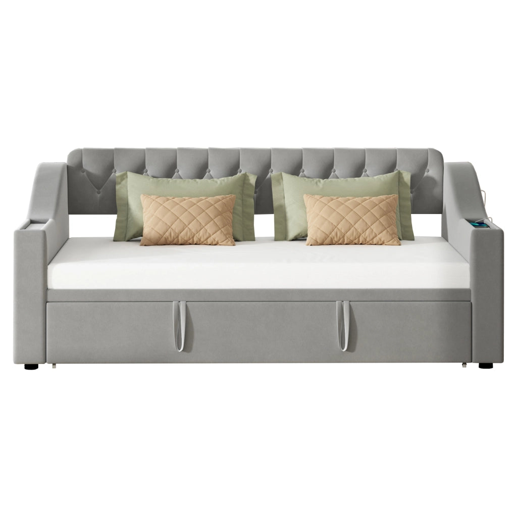 DESMIU Divano letto 90 × 190 cm 2 posti con USB, Type-C, vano portaoggetti, senza materasso, in velluto, grigio