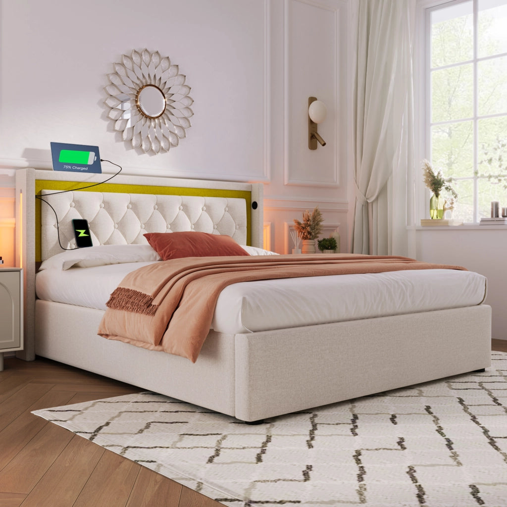 OKWISH Letto Contenitore Letto Matrimoniale, USB, Tipo C e LED, 140 x 200 cm, con Materasso, Beige