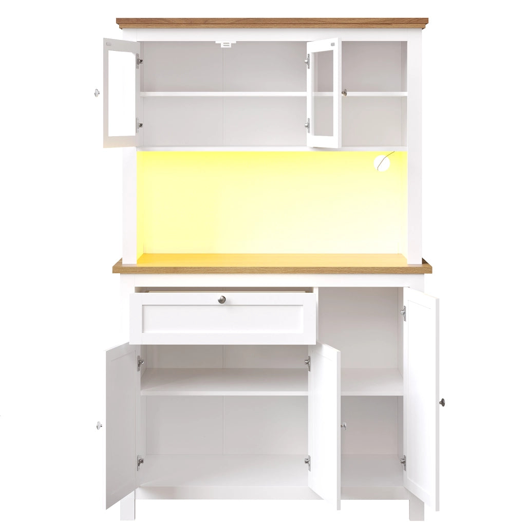 Credenza alta con ante scorrevoli e LED, ripiani regolabili, MDF bianco, per cucina e soggiorno, 104 × 40 × 180 cm