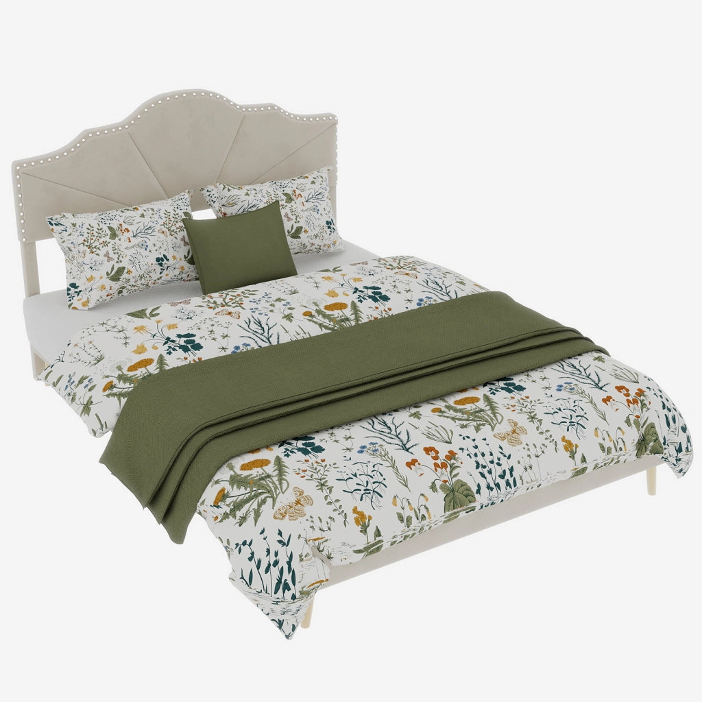 Letto Matrimoniale 140x200 cm con Testiera Imbottita e Rete a Doghe in Tessuto Beige