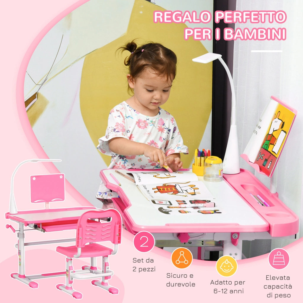 Banco Scuola per Bambini Piano Inclinabile con Luce e Sedia Regolabile Rosa