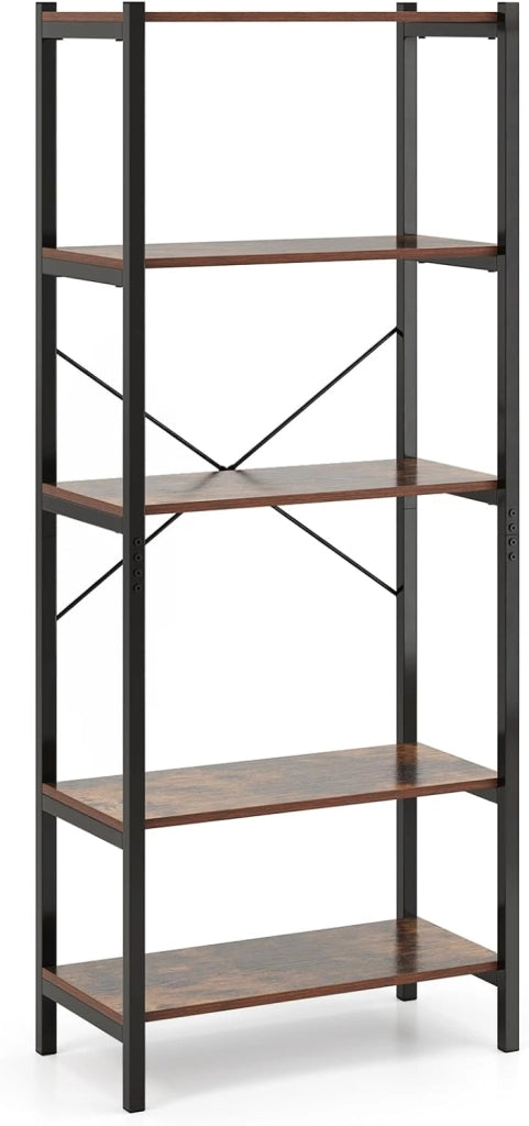 Scaffale multifunzionale a 5 livelli, 66 x 34 x 161 cm, libreria in legno e metallo con kit antiribaltamento, stile industriale, libreria per soggiorno, studio