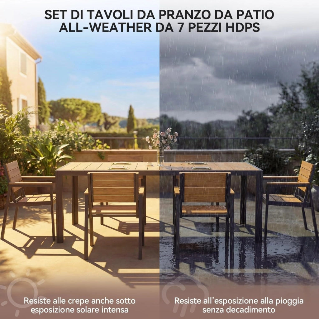 HDPS Set Tavolo e Sedie da Giardino 7 Pezzi Resistente alle Intemperie, Completo di Tavolo 189 cm e 6 Sedie da Esterno in Alluminio, Finitura a Vena di Legno e Facile da Manutenzionare,Naturale