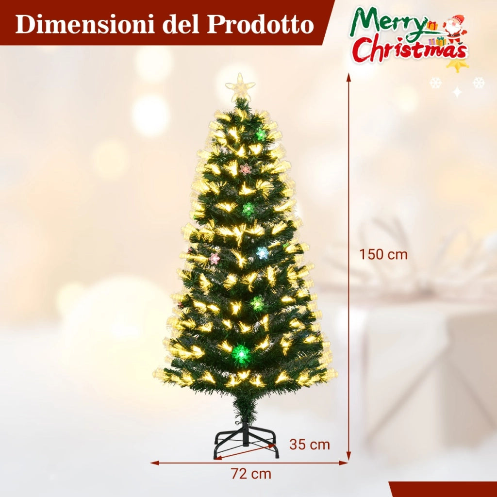 Albero di natale artificiale preilluminato con 8 modalit¨¤ di illuminazione-Albero di natale in fibra ottica con base in metallo pieghevole da 150 cm