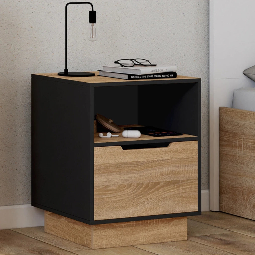 IDMarket - Set di 2 comodini a 1 cassetto OXANA con nicchia in faggio e nero