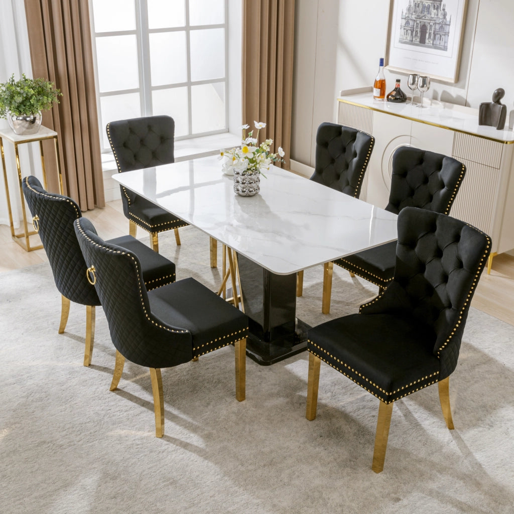 Sedia da Pranzo Imbottita con Anello sullo Schienale, Borchie Decorative e Piedini Regolabili in Velluto Nero 50.5 × 45 × 95 cm