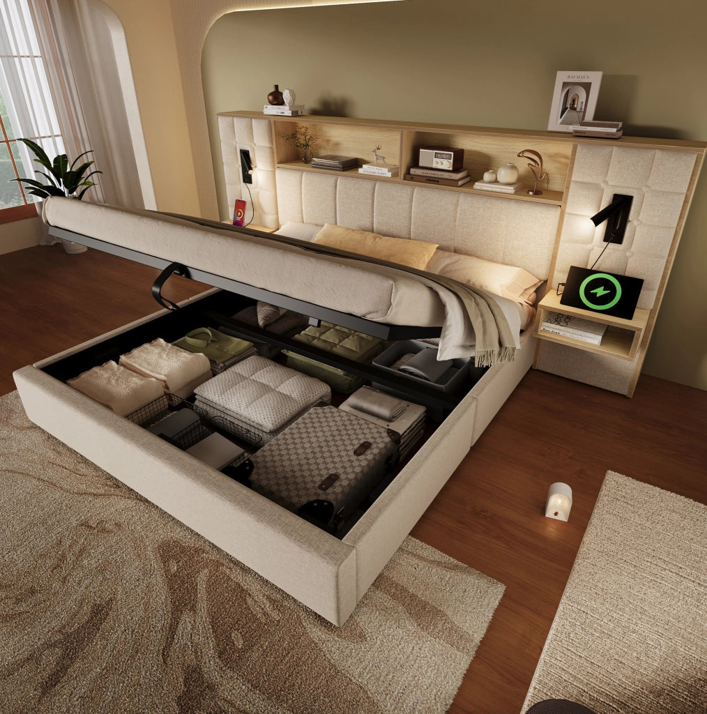 Letto contenitore 160x200 beige con LED, USB-C e comodini