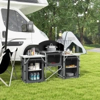 Cucina da Campeggio Pieghevole a 3 Piani con 5 Ripiani Interni e 4 Ganci, 172x48x119 cm, Nero