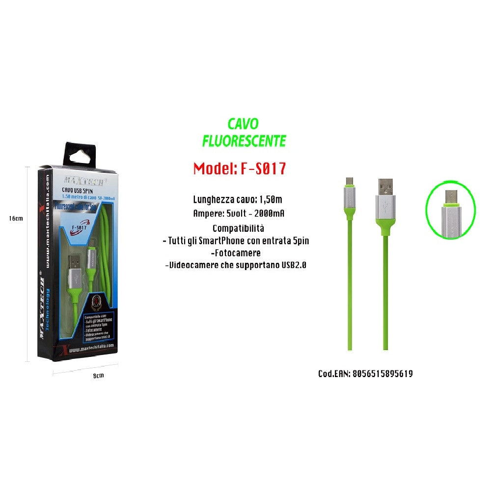 Trade Shop - Cavo Fluorescente Ricarica Per Smartphone 5pin 1,50mt 5volt - 2000ma Maxtech F-s017 -