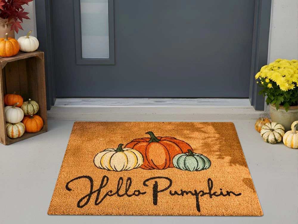 Zerbino di benvenuto in fibra di cocco antiscivolo 60 x 90 cm con supporto in PVC Motivo zucca naturale