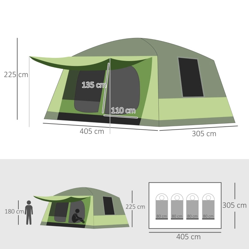 Campeggio Tenda Dome Tenda Famiglia per 4-8 persone con 2 cabine da letto; L405 x W305 x H225cm; ideale per avventure all'aperto
