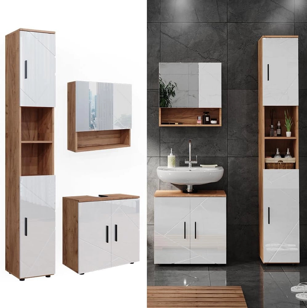Set di mobili da bagno Irma, Bianco lucido/oro power oak, 80 cm, composto da mobile sottolavabo, specchiera e colonna alta