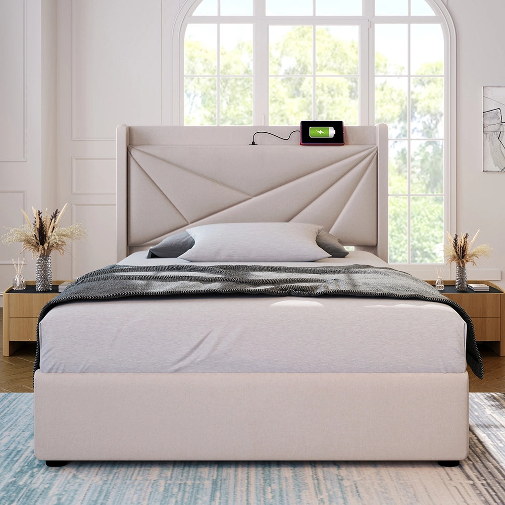 Letto a ribalta imbottito 90x200 - Xylo - Beige - Testiera con USB