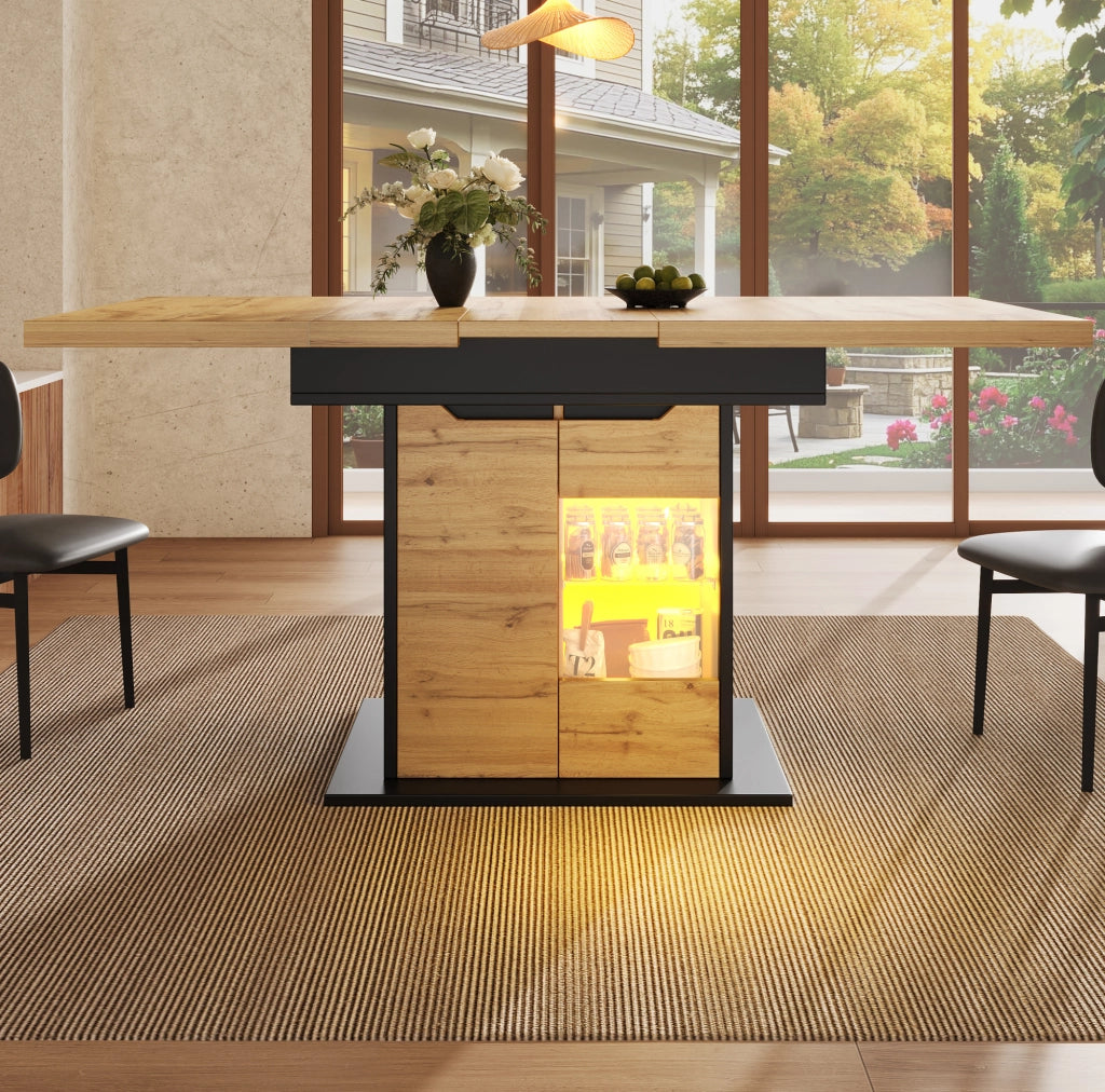 Tavolo da pranzo estensibile 110-140x80x76 cm con illuminazione LED e portaoggetti in MDF e vetro nero naturale
