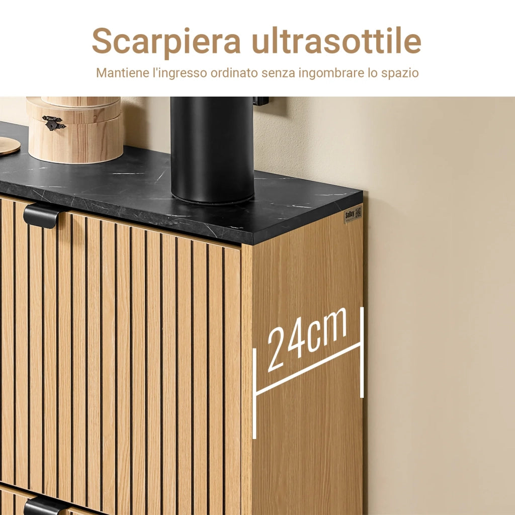 SoBuy Scarpiera Salvaspazio Slim a 2 Ante - Mobile Ingresso Moderno per Scarpe - Mobile Scarpiera da 8-12 Paia, con Struttura Resistente, Effetto Marmo Nero e Legno Chiaro, 60x24x88cm, FSR202-N