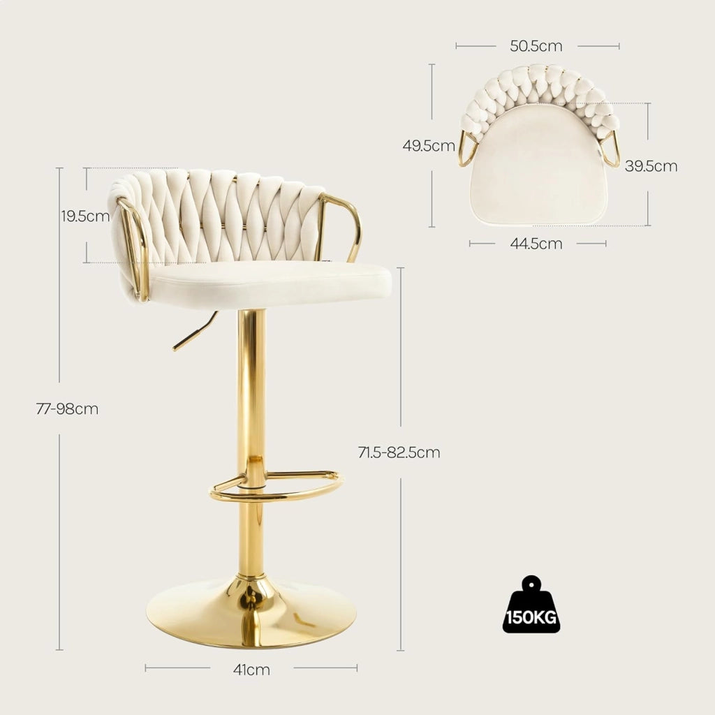 Set di 2 Sgabelli da Cucina Altezza Regolabile, Sgabelli da Bar in Velluto, Girevoli a 360°, con Base in Metallo e Poggiapiedi, Crema