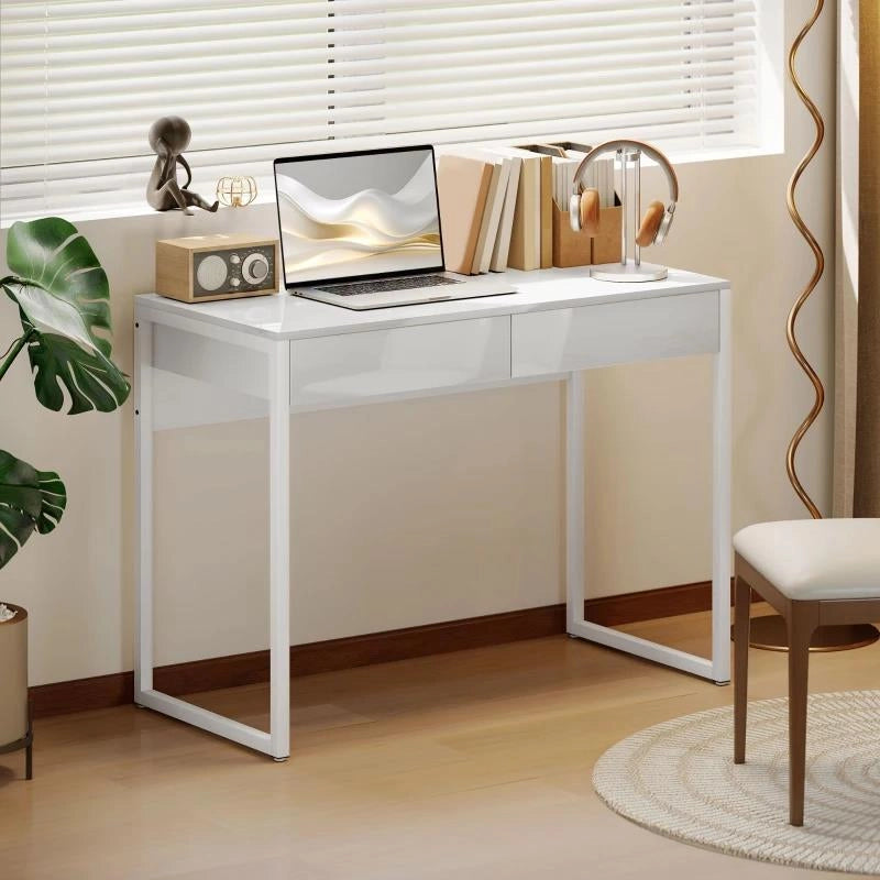 SCRIVANIA MODERNA CON 2 CASSETTI E GAMBE IN ACCIAIO, 100X50X75 CM, BIANCO LUCIDO