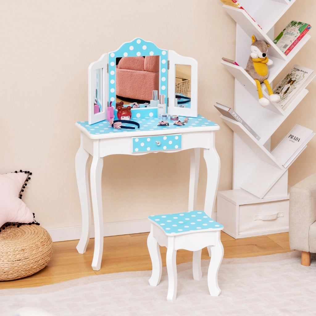 Toeletta trucco per bambina con sgabello triplo specchio e cassetto, Tavolo per trucco con fantasia a pois Blu-Toelette per bimbi