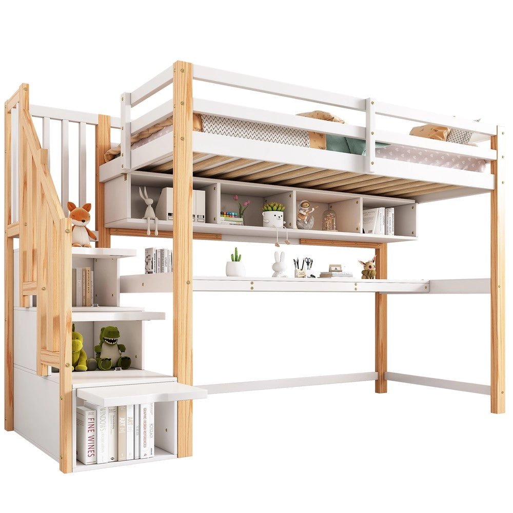 Letto a Soppalco con Scrivania e Ripiani ¨C MINIMAL ¨C Bianco, Legno Naturale