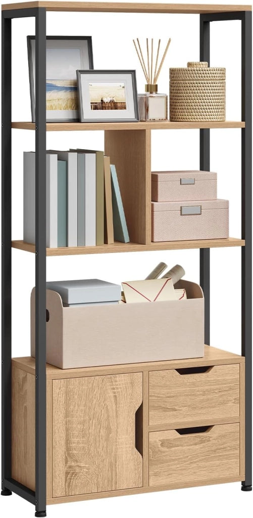 Libreria Moderna Design, 58 x 24 x 122 cm, Scaffale per Libri CD, con Cassetti e Ante, in Legno e Metallo, Rovere Chiaro RGB09hei