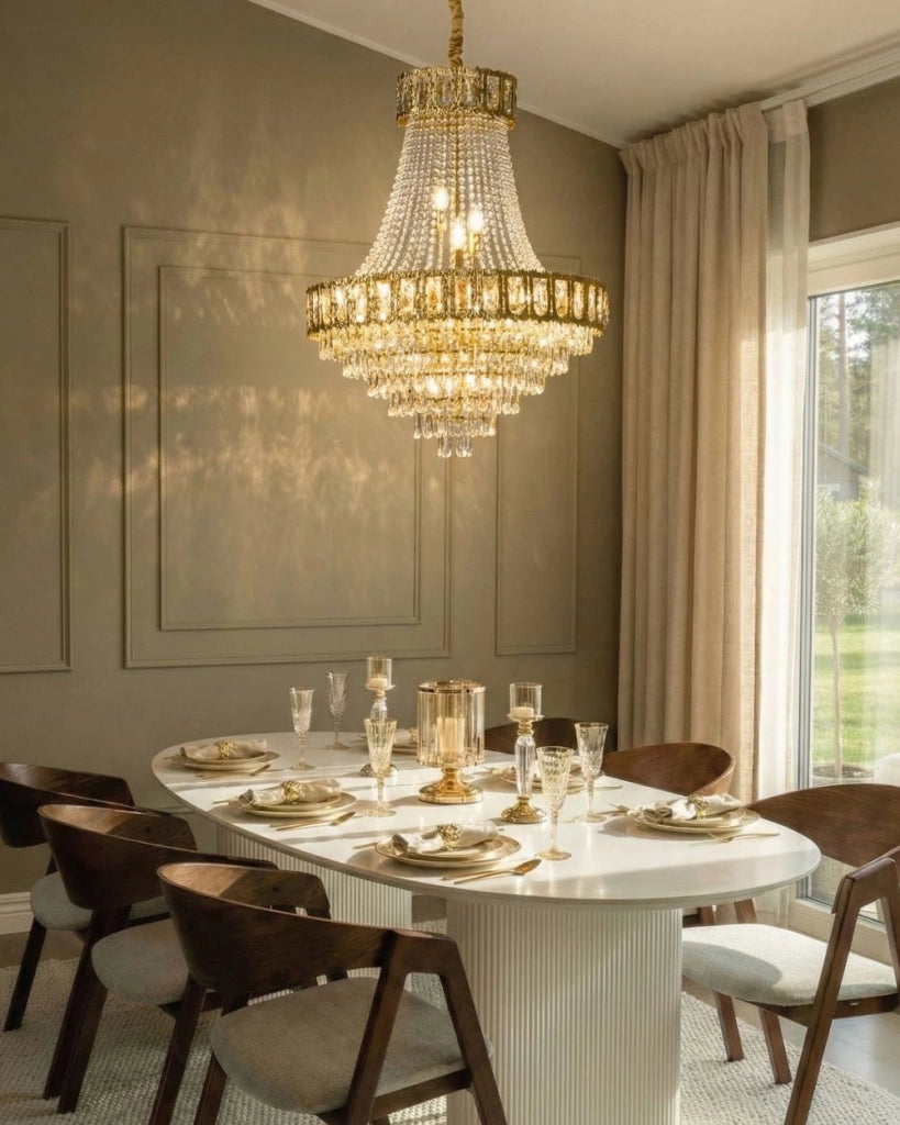 Lampadario con base in metallo dorato e cristalli ⌀ 70 cm Lampada a sospensione Stile glamour Sala da pranzo Soggiorno