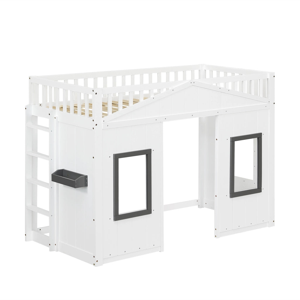 Letto a Castello con Scala e Rete di Protezione ¨C MINIMAL ¨C Pino e MDF, Bianco, 90x200