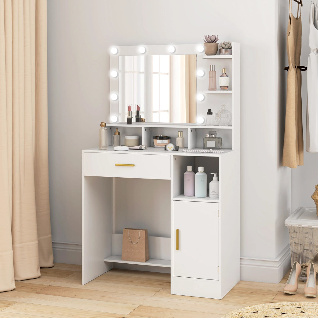 Toeletta con specchio e 10 luci LED ¨C Xylo ¨C Cassetto, anta, ripiani, 80x40x135cm, bianco