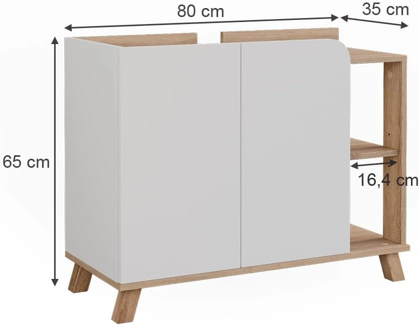 Mobiletto per lavabo Karen, Sonoma/Bianco, 80 x 65 cm con 2 porte, per una conservazione salvaspazio sotto il lavandino