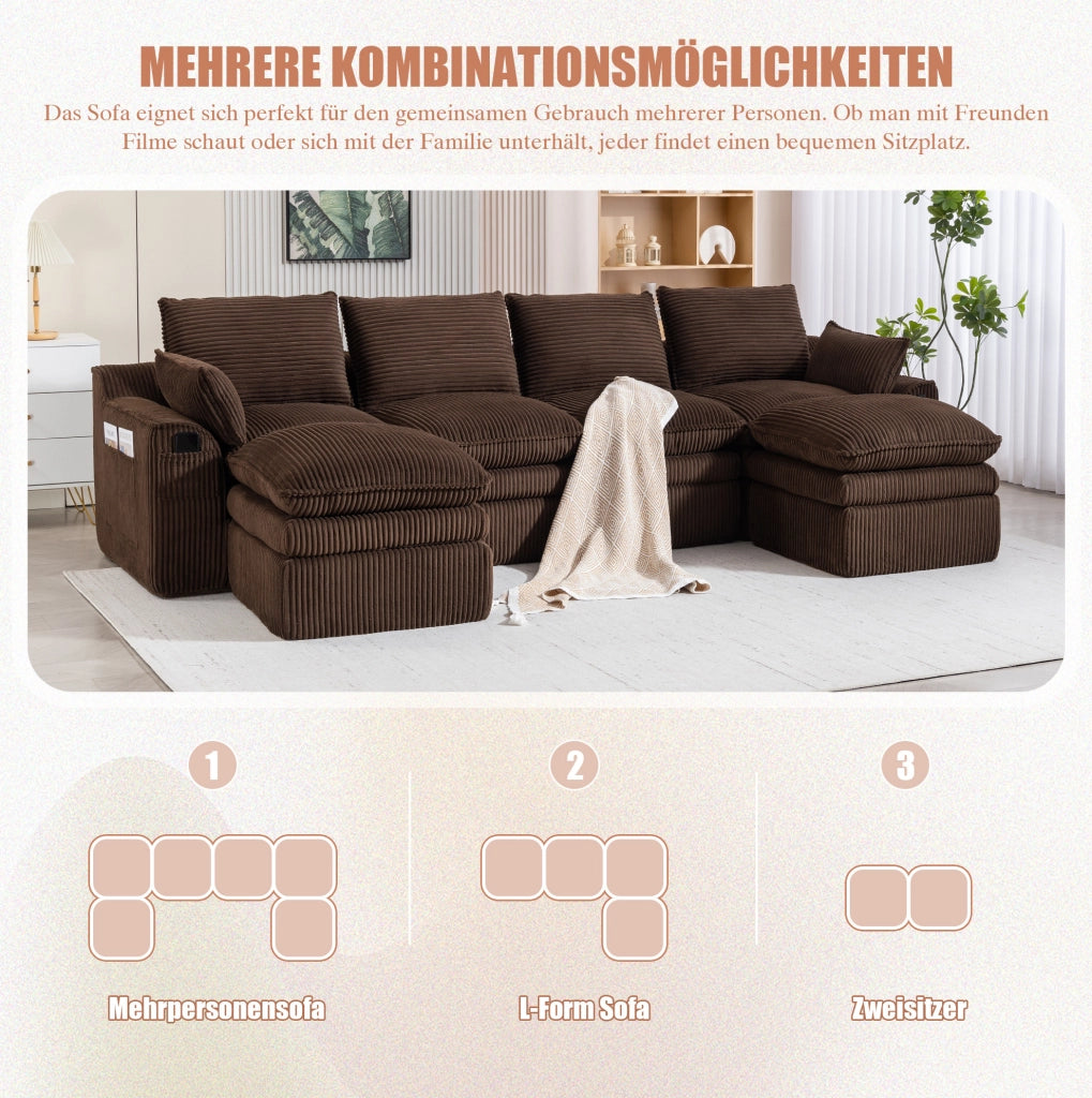 Divano modulare 4 posti in corduroy marrone; 335x167x85 cm; con 2 pouf e tasche laterali