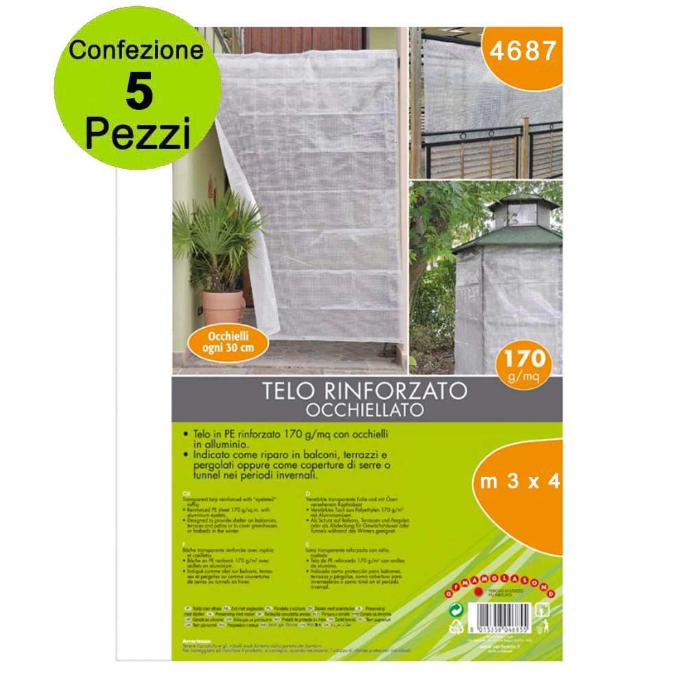 Multipack 5 pezzi telone occhiellato di protezione rinforzato in pe trasparente 170 g/mq 3x4 metri