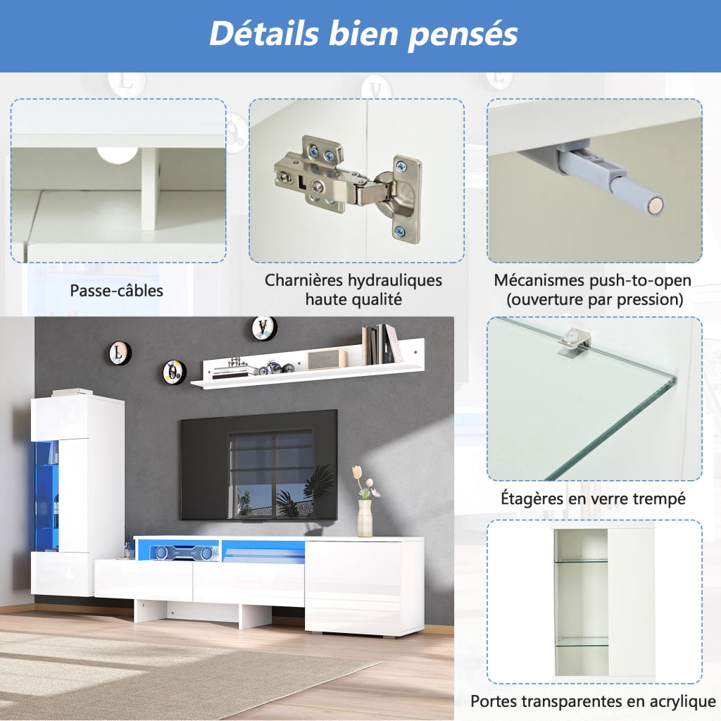Set mobile porta TV con LED e fronti lucide, 1 anta, 2 cassetti e 2 vani aperti, stile moderno, per soggiorno, bianco