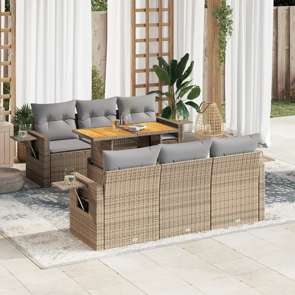 vidaXL Set Divani da Giardino 7 pz con Cuscini Beige in Polyrattan