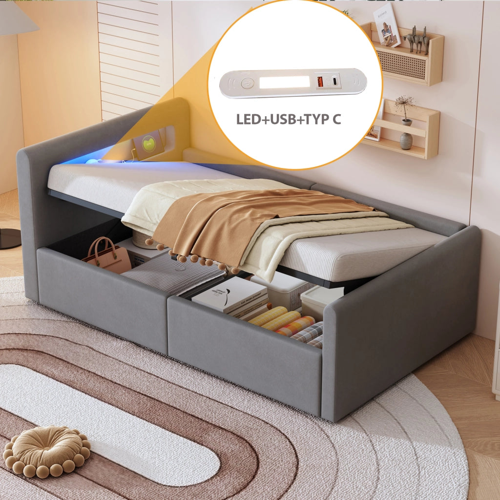 Letto 90x200 cm - Letto imbottito,Con luce notturna,Porta di ricarica USB,Con vani portaoggetti,Velluto,Funzione di accumulo idraulico,grigio