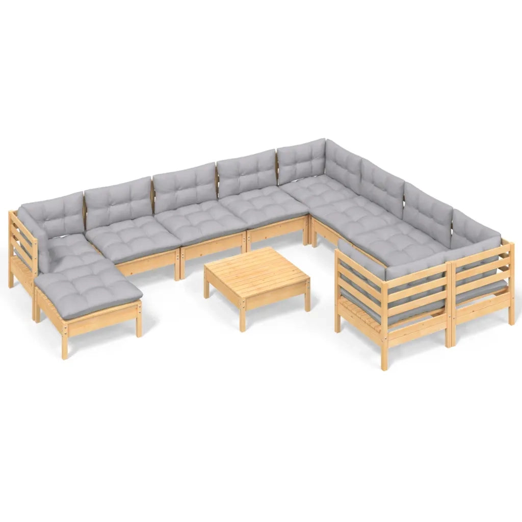 Set Divani da Giardino 11 pz con Cuscini Grigi Massello di Pino 3097036