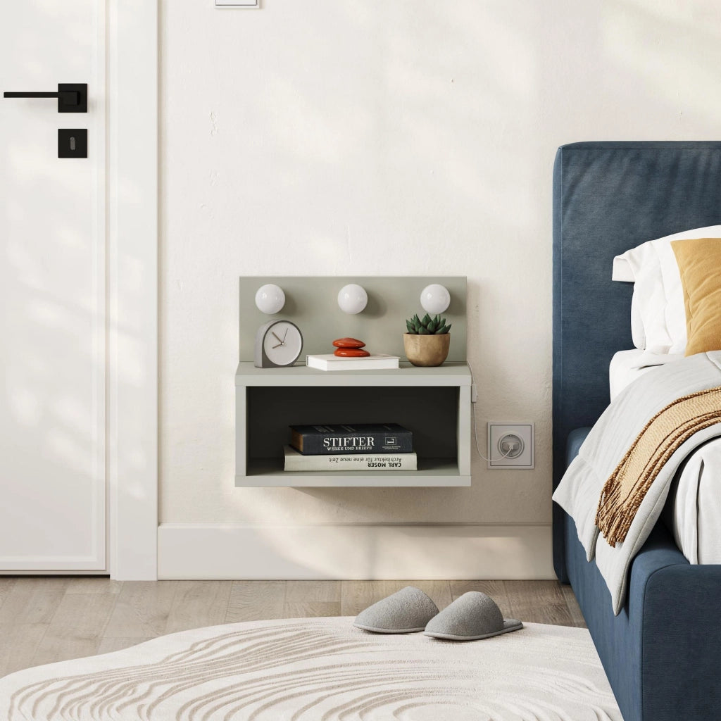 Comodino "Treo" con bulbo in legno - 40 x 30 x 34 cm - Grigio