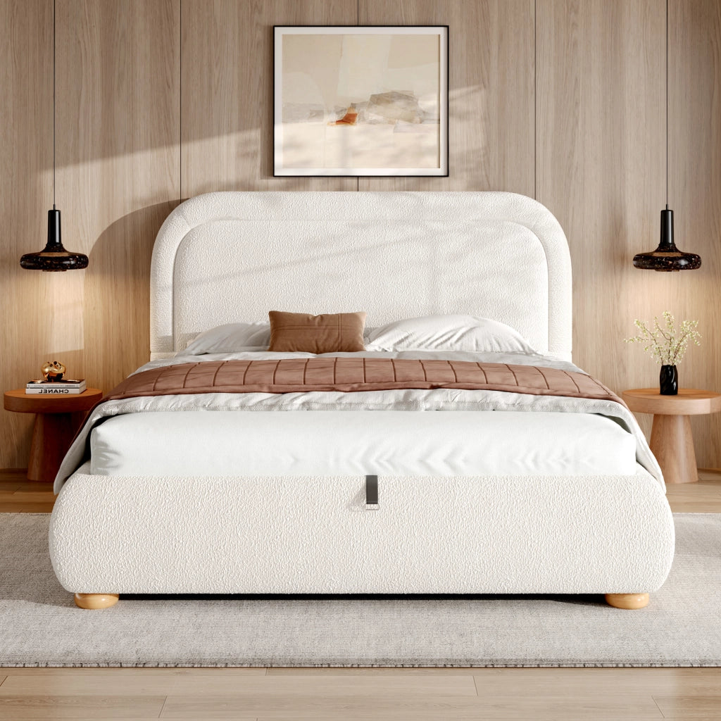 Letto matrimoniale 160x200 cm in bouclé bianco con contenitore idraulico, rete a doghe e struttura robusta